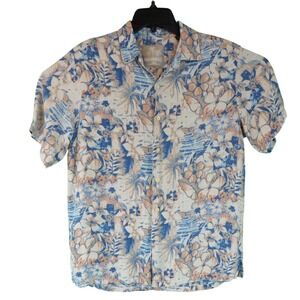 Margaritaville Men Silk Linen Tropical Floral Palm Button Up Shirt Blue Orange M